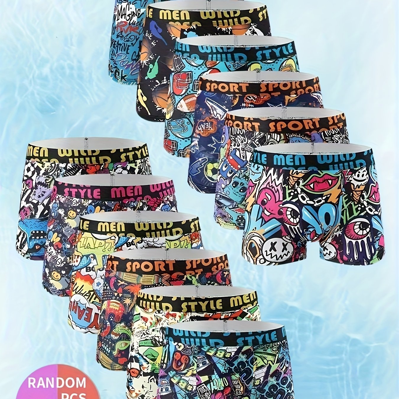 E-shop Zufällige 10er-Packung atmungsaktive Herren-Slips - Multicolor Graffiti-Muster - Elastisches Mischgewebe - Lässiger elastischer Bund