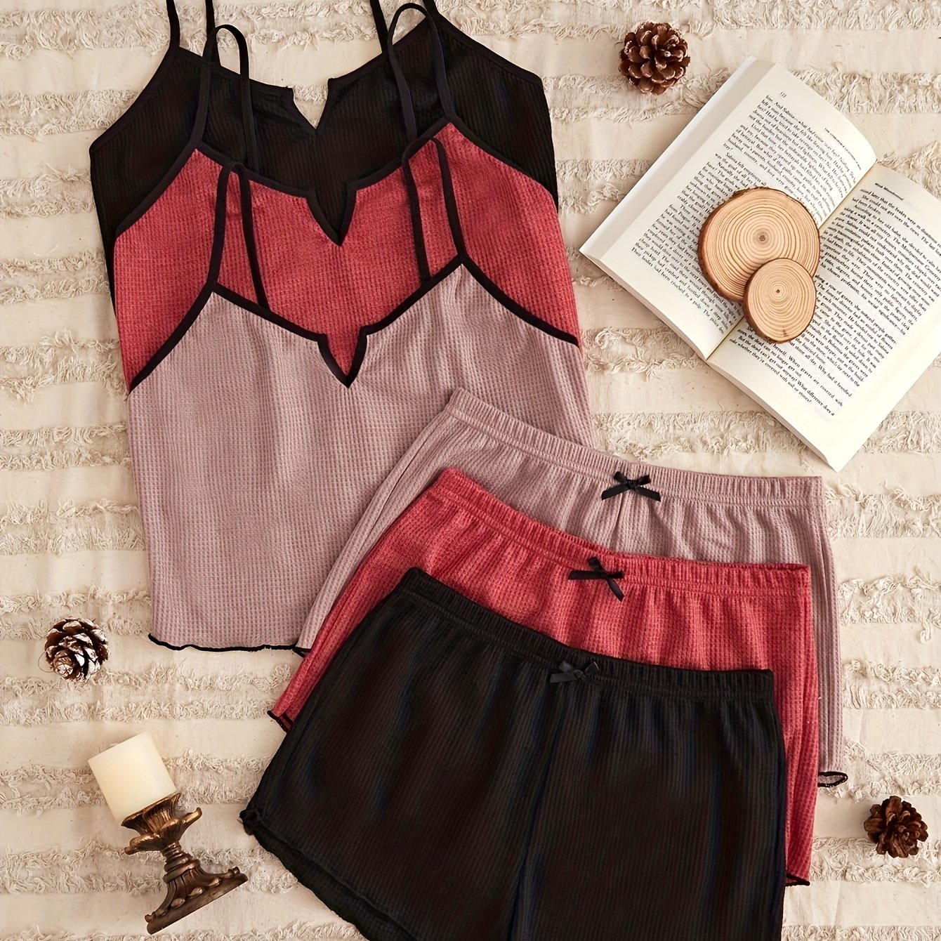 TEMU Women's 3-piece Pajama Set With Waffle Fabric And Suspender Shorts, Light Gray For Casual