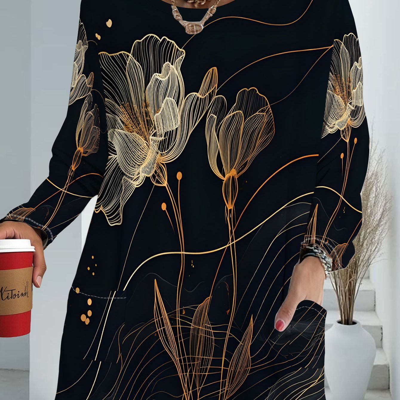 TEMU Women's Plus Size Loose-fit T-shirt With Pockets, Golden Floral Embroidery, New Autumn Long Sleeve Fashionable And Versatile Midi Top
