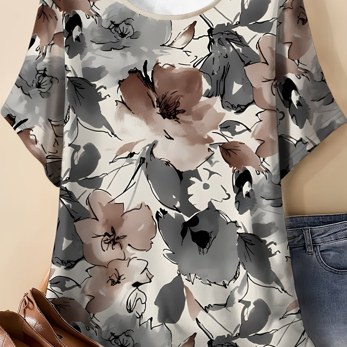 TEMU Vintage Smudge Flower Blouse Short Sleeve Blouse Top - Relaxed Fit Round Neck Full-body Smudge Print Blouse Style Suitable For Casual, Office &