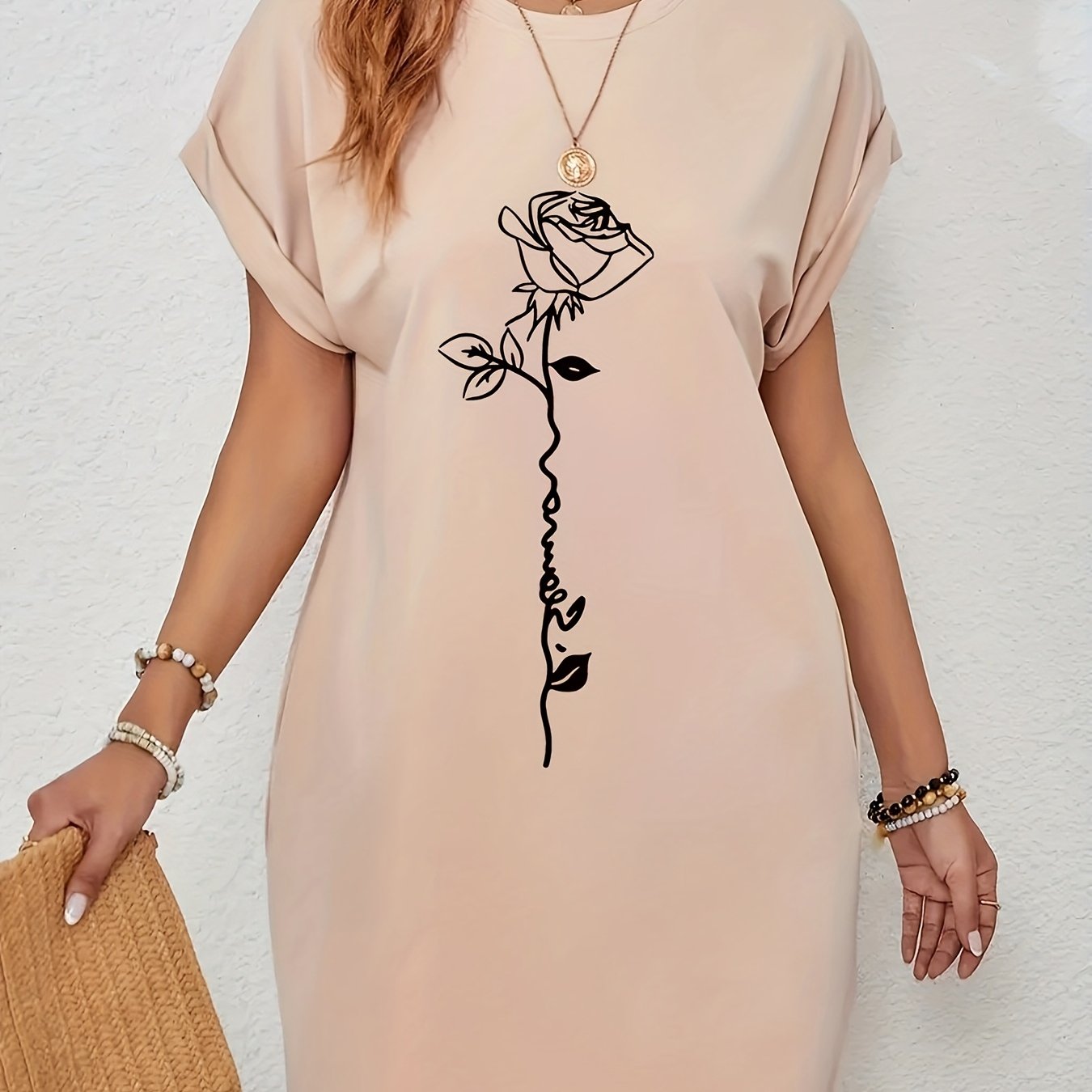 Floral And Letter Graphic Batwing Sleeve Hidden Pocket T-shirt Dress