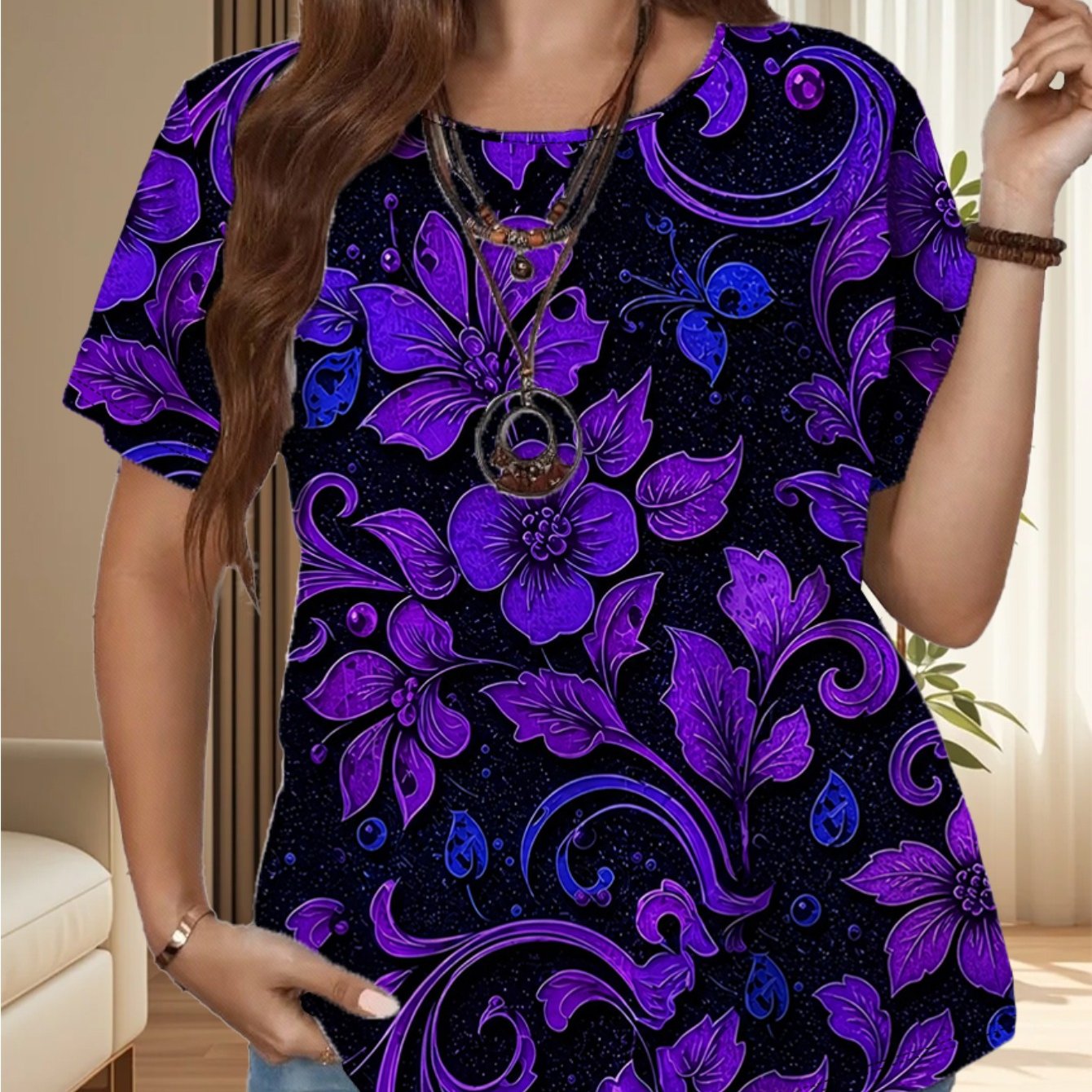 TEMU Plus Size Women's Round Neck Stretch T-shirt, Loose Short Sleeve For Inner And Outer Wear, Retro Luxurious Purple Floral Plant Pattern, Women's