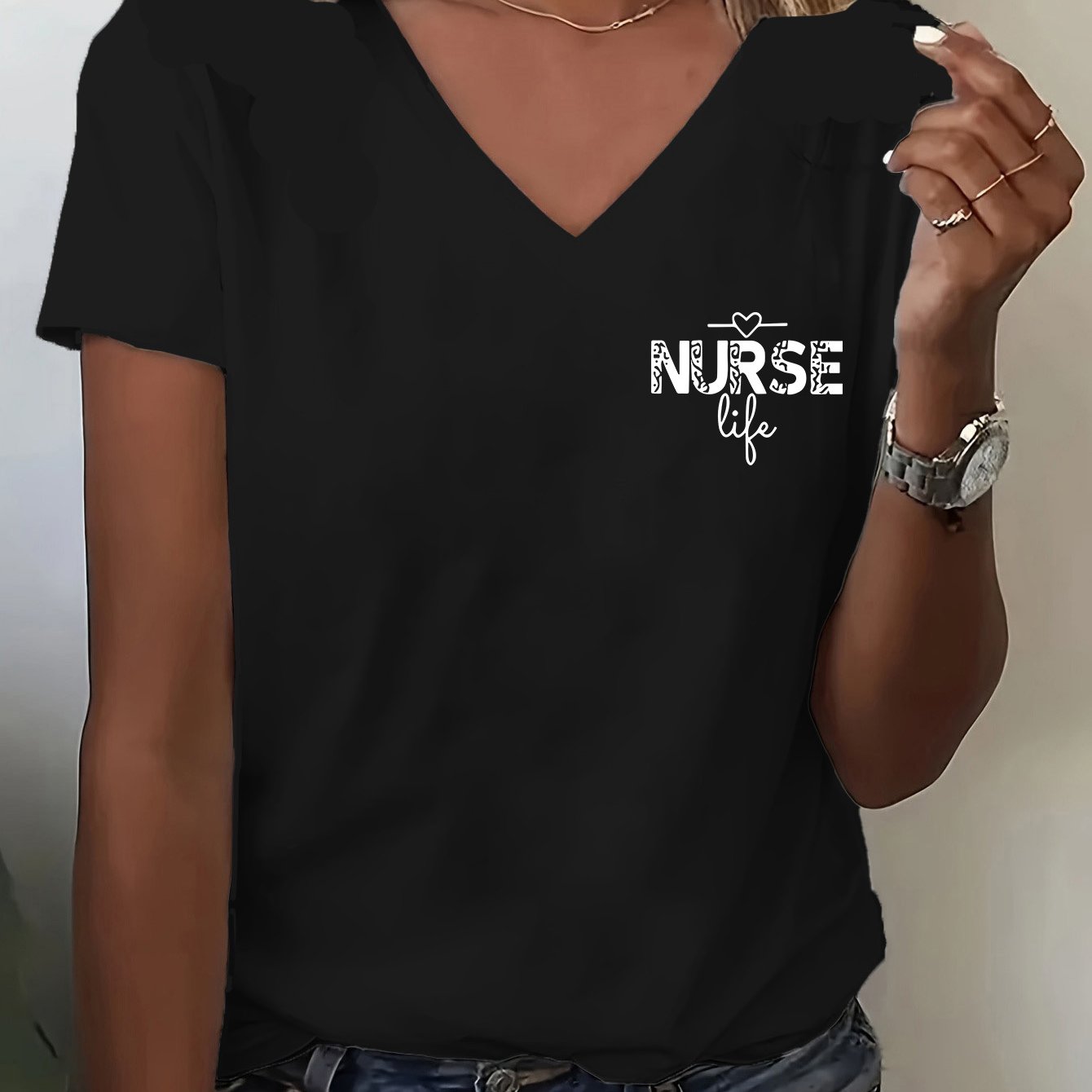 TEMU T-shirt à imprimé de lettres, haut décontracté à manches courtes et col en V pour l'été et , vêtements pour femmes