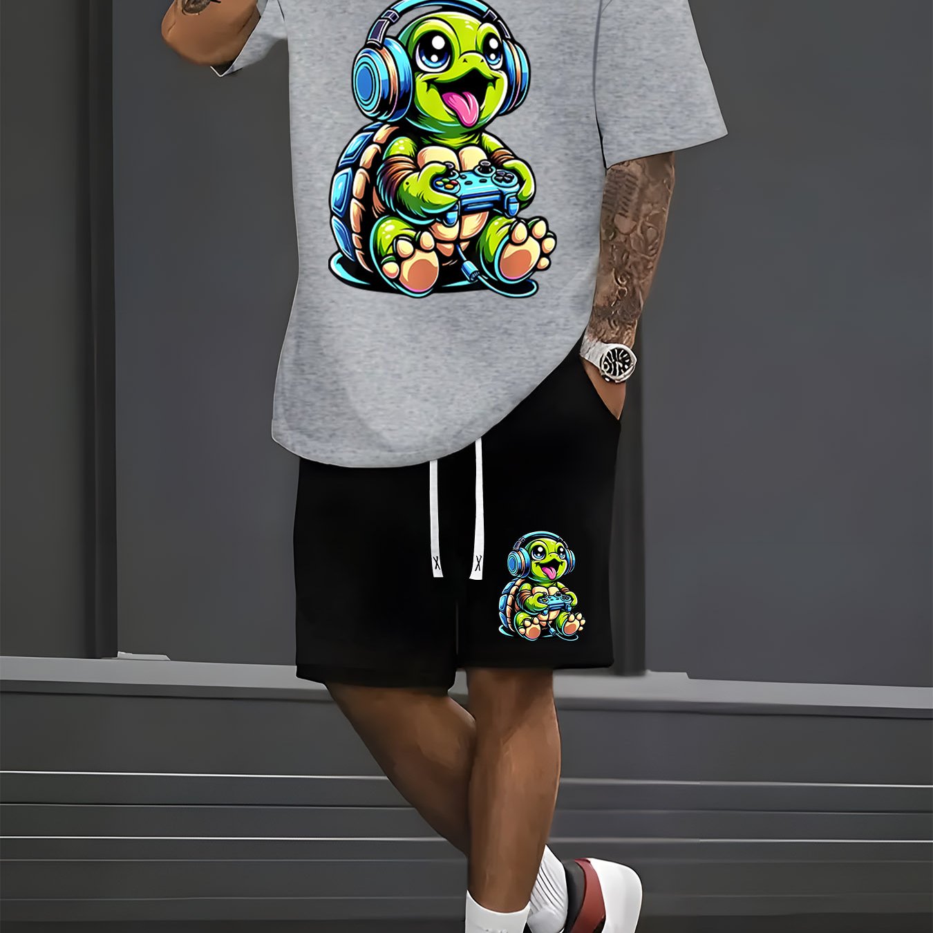 TEMU Men's Short-sleeve T-shirt With A Turtle Game Pattern And A Pair Of Fitted Shorts, A Casual Sports Outfit Suitable For Spring And Summer