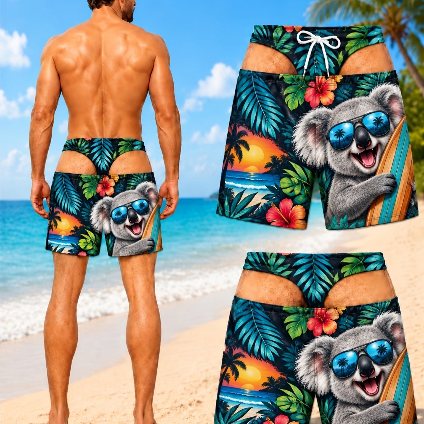 TEMU [printedesign-not Textured] A Pair Of Men's Summer Shorts Featuring An Abstract Vintage Design, Versatile And Trendy Koala Surfing Trunks. Swim