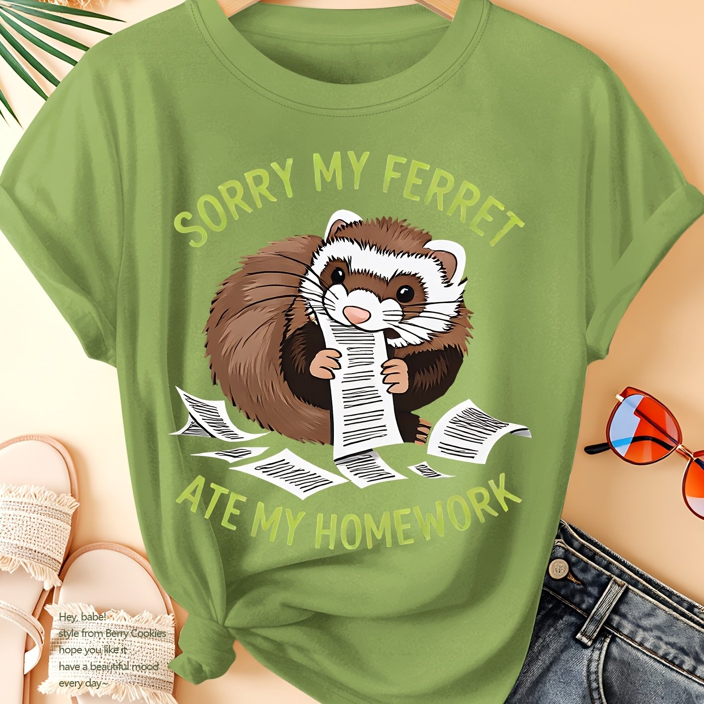TEMU Sorry My Ferret Ate My Homework Fashionable And Elegant Women's Casual Sporty Top With Ferret Print, Soft And Comfortable Round Neck