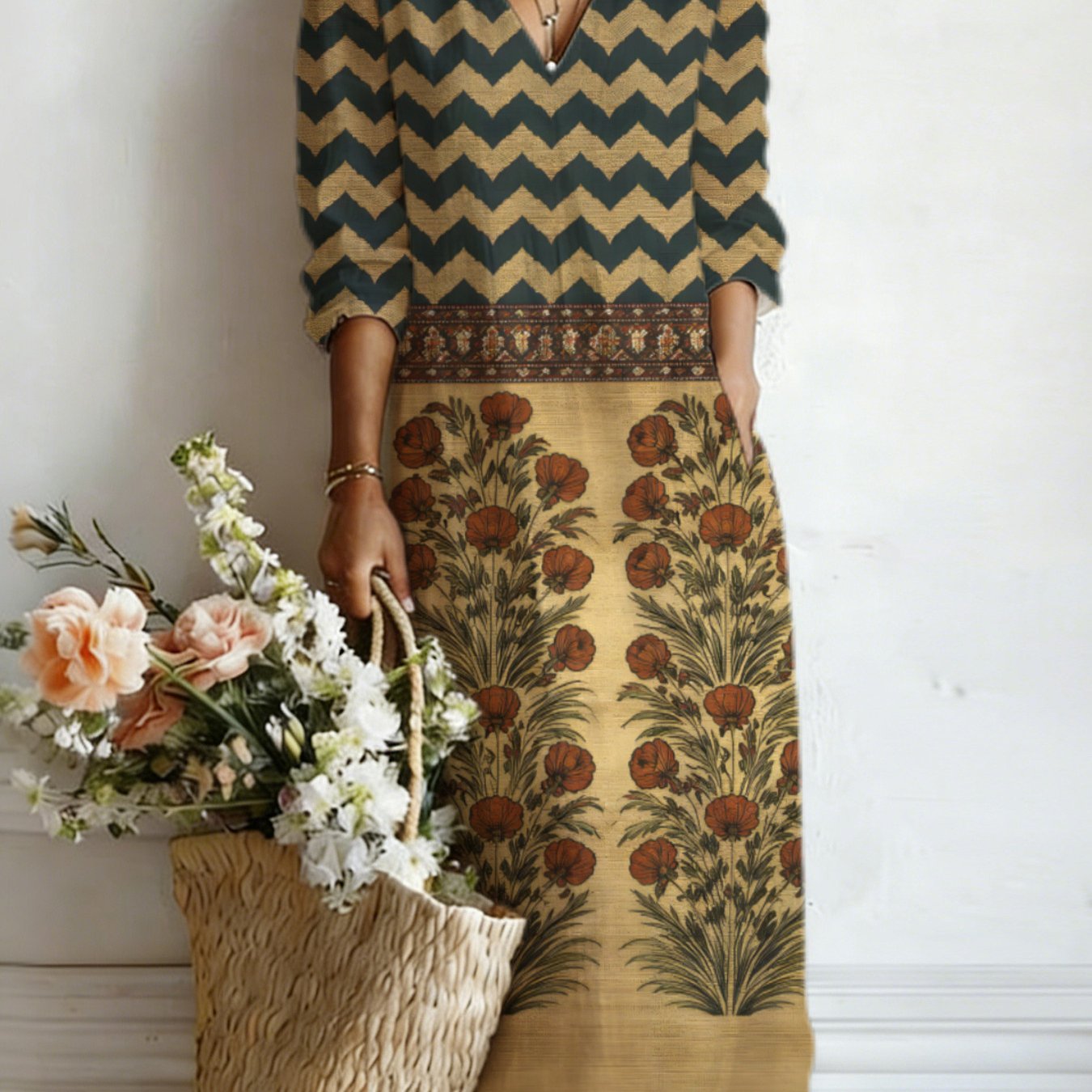 Image of Plus Size - Vintage Color Block Wave Stripe Floral Splicing Print Plus Size Women's V-neck Three-quarter Sleeve Literary Vacation Long Dress