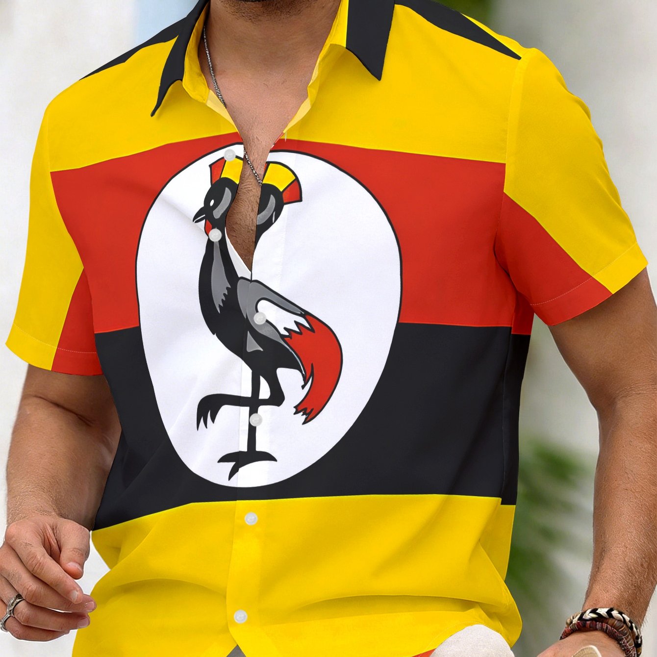 TEMU Men's Polyester Short-sleeve Shirt With Uganda Flag And Crown Crane Print, Trendy Cultural Style Casual Breathable Versatile Short-sleeve Shirt,