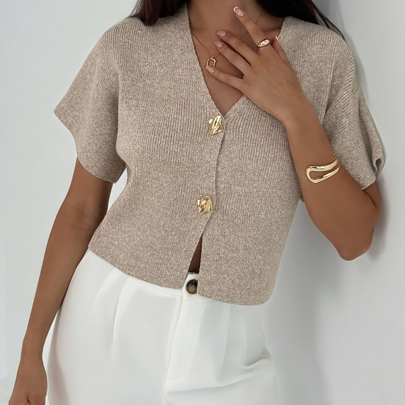 TEMU Women's Fashion V-neck Short-sleeve Cardigan, Versatile Casual Top For Autumn And Winter