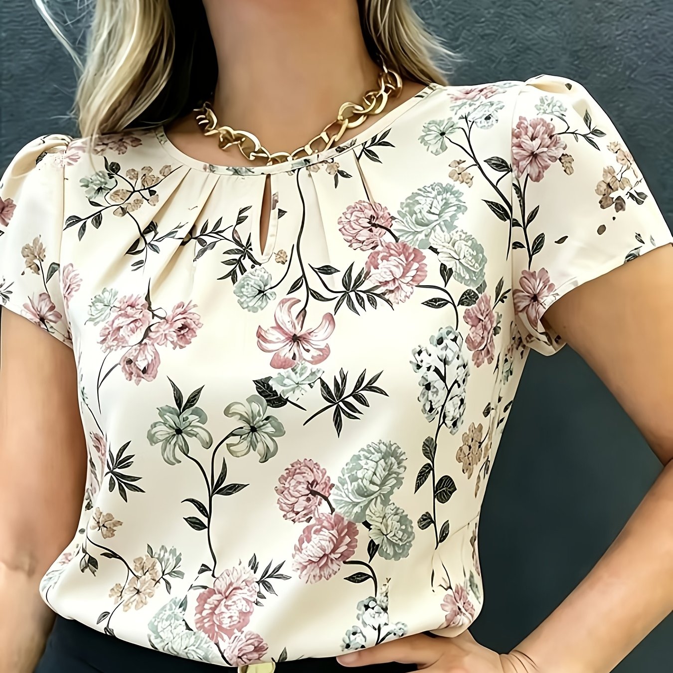 TEMU Women's Summer Elegant Printed Blouse Short Sleeve Round Neck Shirt