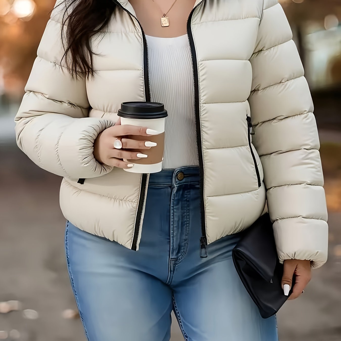 TEMU Women's Elegant Winter Warm Full-zip Stand Collar Jacket-wrinkle-free Coats, Korean-style Zip-up Outerwear, White/beige Options. High-quality,
