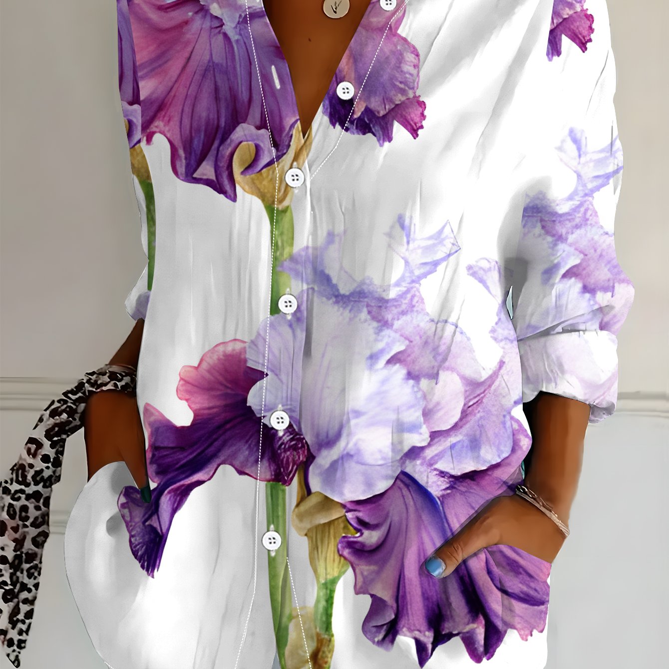 TEMU Women's Long Sleeve Shirt, Elegant Style, Printed Shirt, Iris Flower Pattern, Floral Shirt For Women, Light Purple Tones, Women's Casual Shirt,