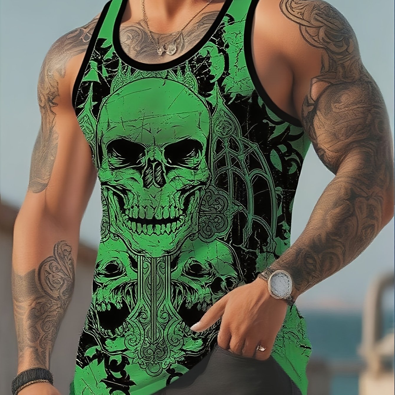 TEMU Men's Summer Casual Skull Print Crew Neck Tank Top | Stretch, All , Regular Fit, Plus Size