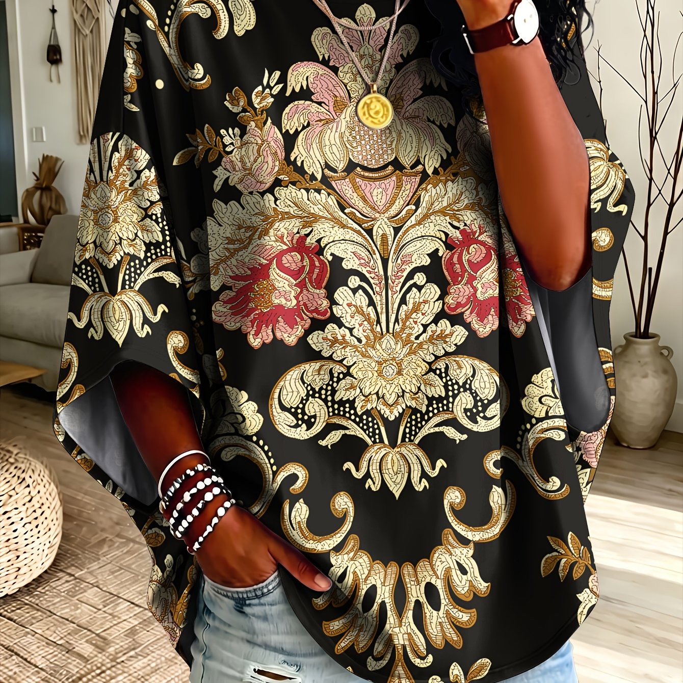 TEMU Plus Size, Plus Size Vintage Baroque Floral 3/4 Sleeve Top, With Colorful Floral Ethnic Print, Round Neck, Loose Drop Shoulder T-shirt,