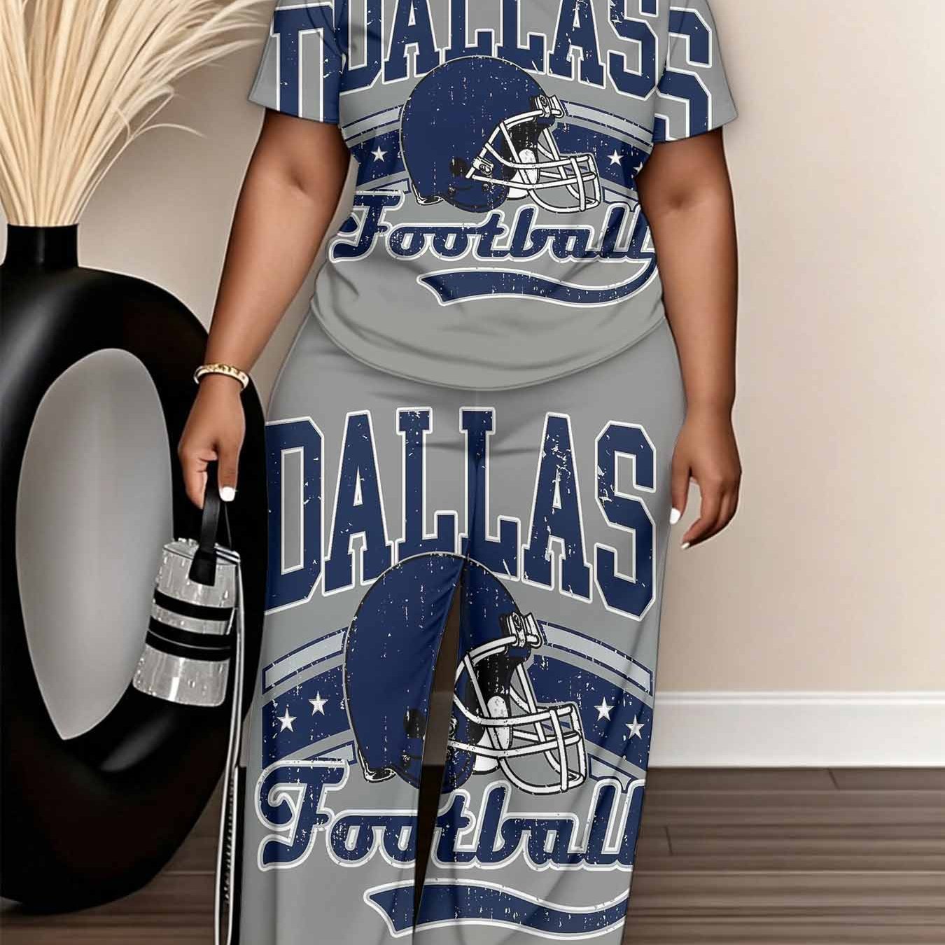 TEMU 2pcs Casual Sporty T Shirt And Pants Set Dallas Football Helmet Print Women Gift For Wife Girlfriend Summer