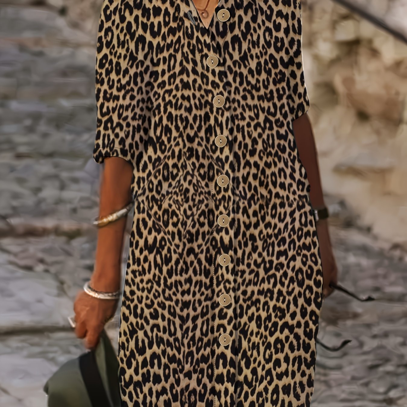 E-shop 2025 Sommer Neu Damen Mittelärmel Leopardenmuster Knopf-Lapelkragen Fließendes Casual Midi-Kleid, Vielseitig Stilvoll für den täglichen
