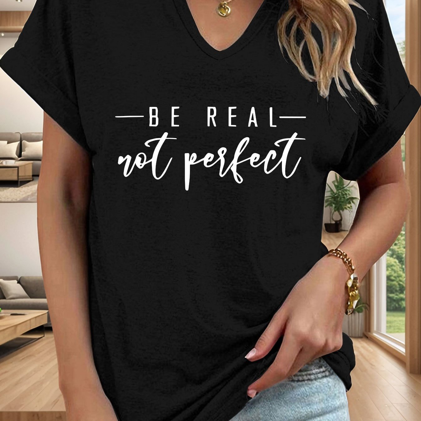 TEMU Letter-printed T-shirt, Casual V-neck Notch Roll Sleeve Top, Summer/spring Women