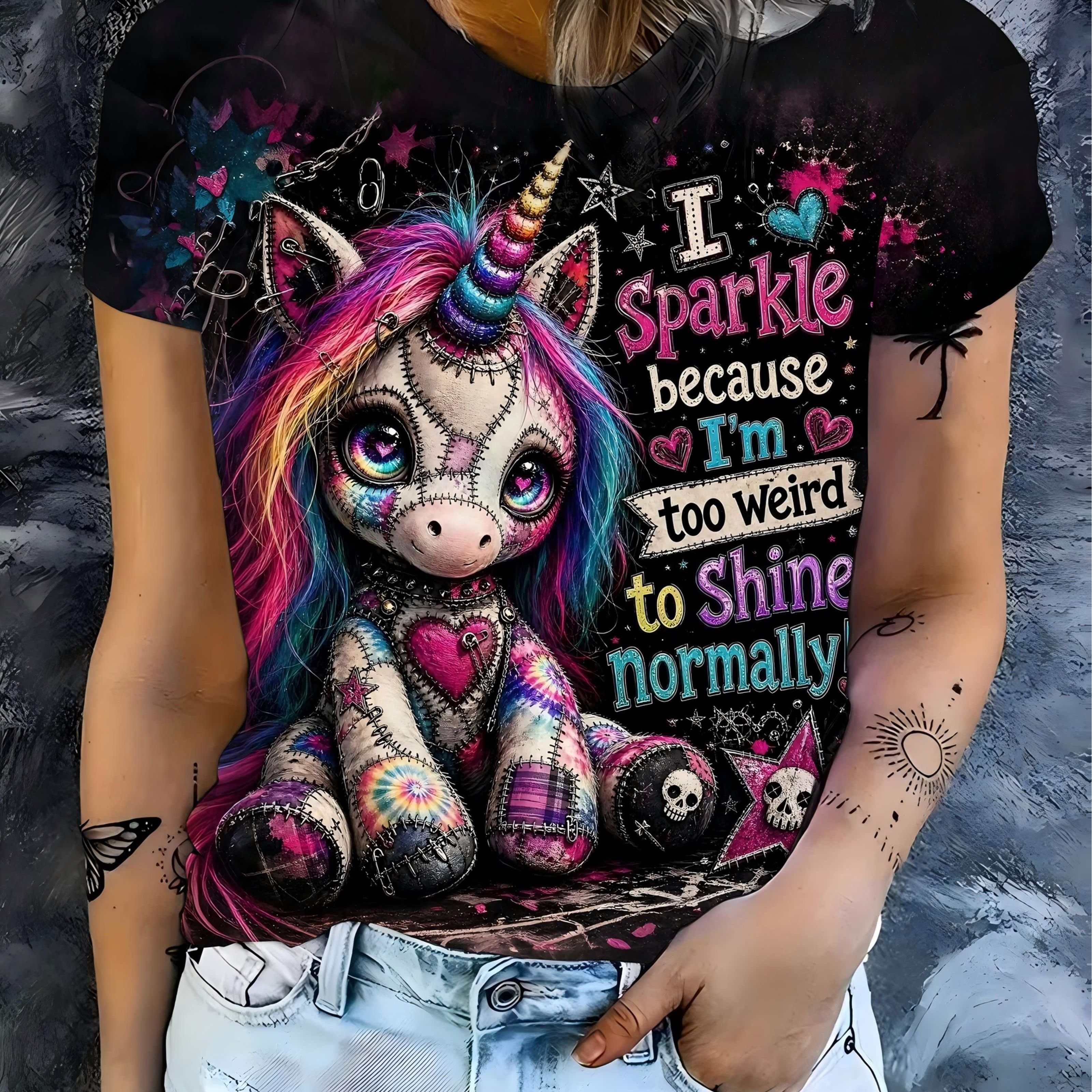TEMU [printed Design - Not Textured] Women's Round Neck Short Sleeve T-shirt, Gothic Unicorn " I'm Too Weird, Glow Normally" Slogan Pattern T-shirt