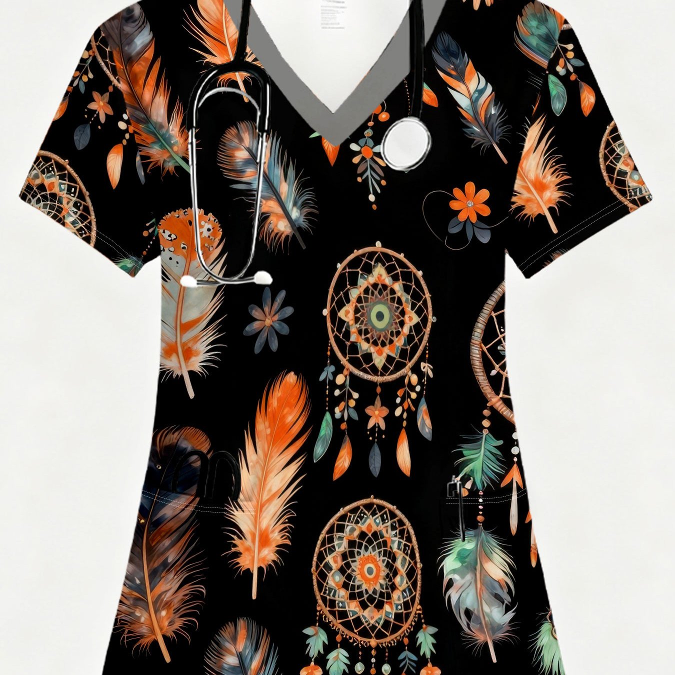 TEMU Blouse d'infirmière à imprimé intégral - Tenue de blocage à col en V avec poches et motif attrape-, adaptée pour en soins infirmiers, dentaire,