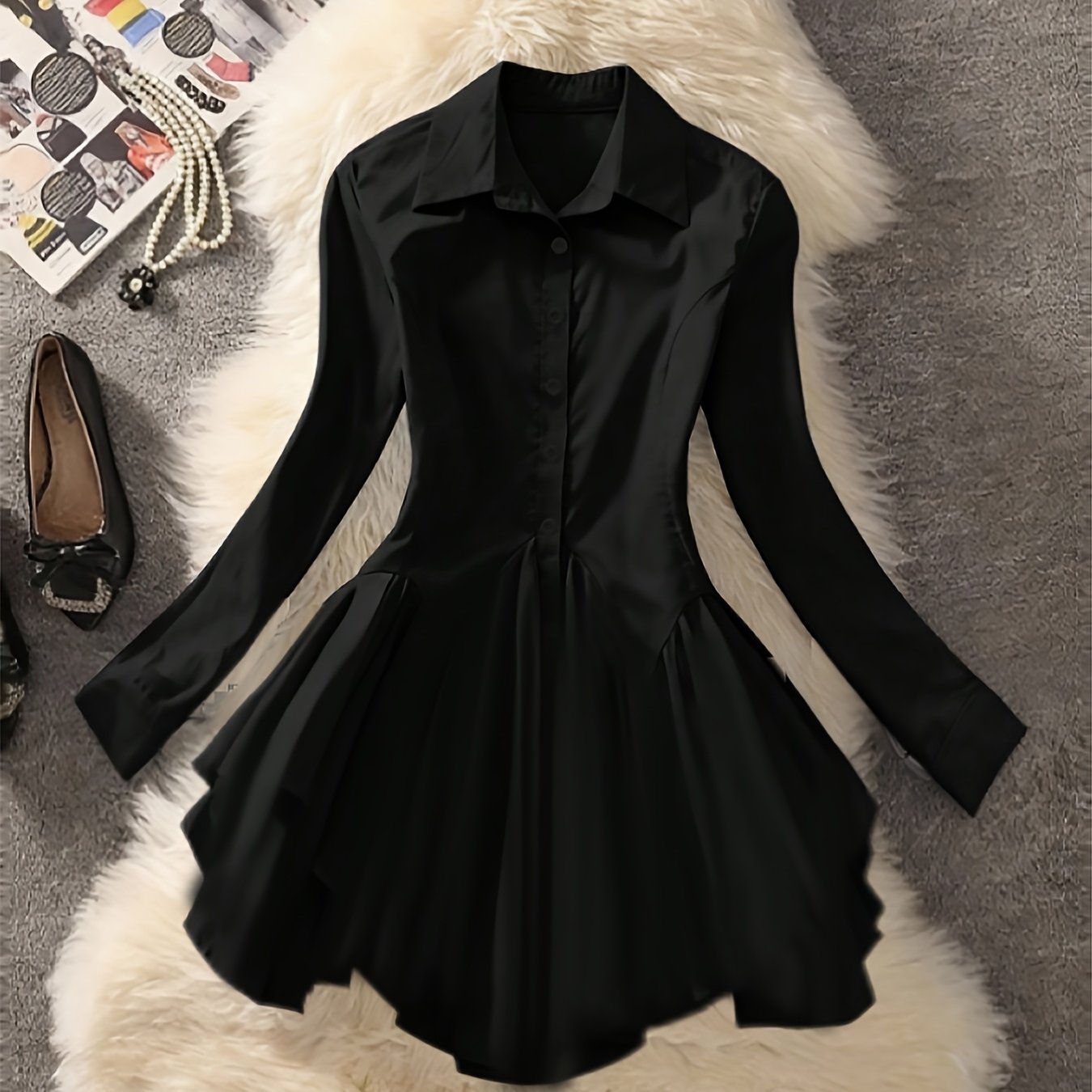 TEMU Women's Stylish, Elegant, And Classic Shirt Dress With Belted A-line Silhouette, And Sophisticated - Commuting Or Casual In Long Sleeves