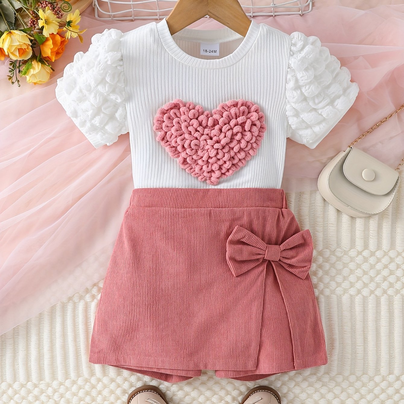 Image of Girls' Summer Short Sleeve + Pink Bow Shorts Cute Street Sweet Set, Perfect For Outdoor