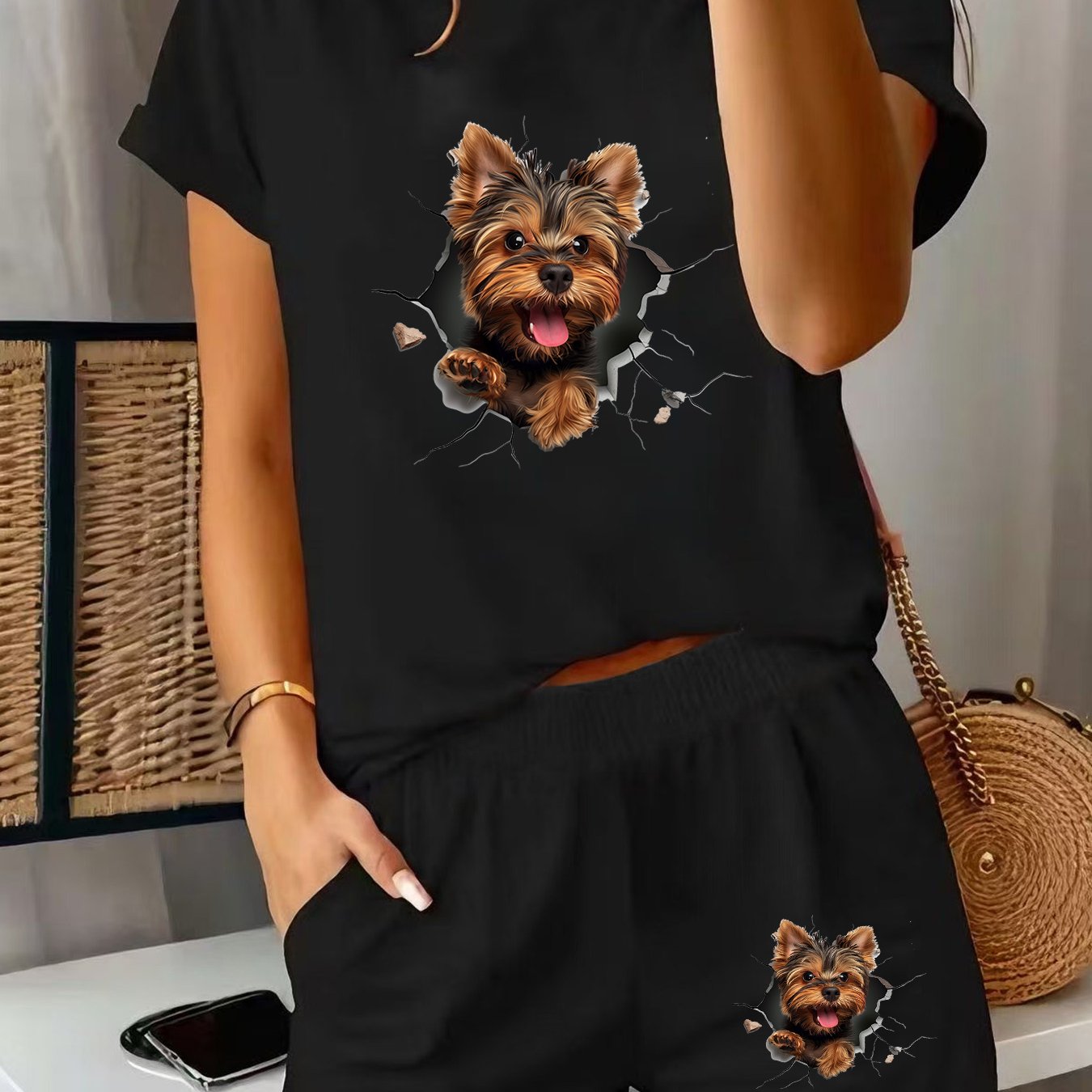 TEMU 2pcs Women's Spring Short Sleeve Set - Cute Yorkshire Terrier Ripped Print Short Sleeve Top And Shorts Set, Comfortable Soft Breathable