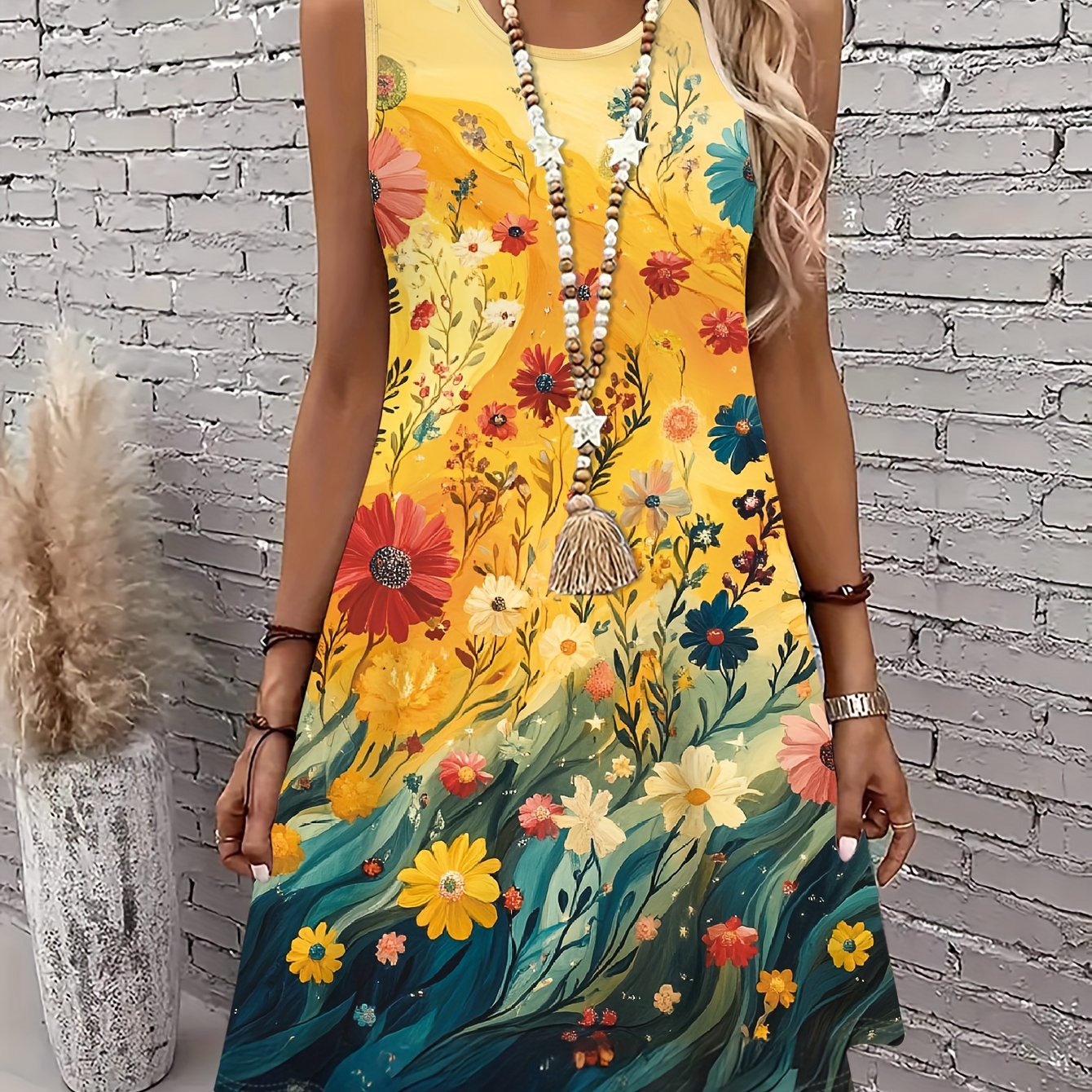 TEMU Plus Size Women's Oil Painting Style Multicolor Floral Print Dress, Fresh Round Neck Sleeveless A-line Vest Short Skirt, Summer Beach Outing