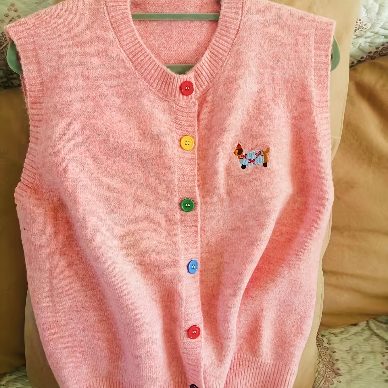 Embroidered Dog Women's Cardigan Vest, Sleeveless Tank Top For Layered Look