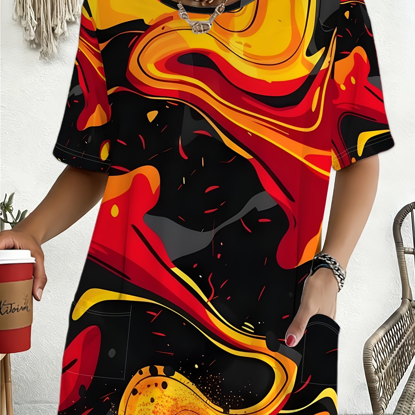 TEMU Plus Size Women's Summer Red Fluid Abstract Printed Pocket Round Neck Short Sleeve T-shirt Athletic Casual Comfortable Top