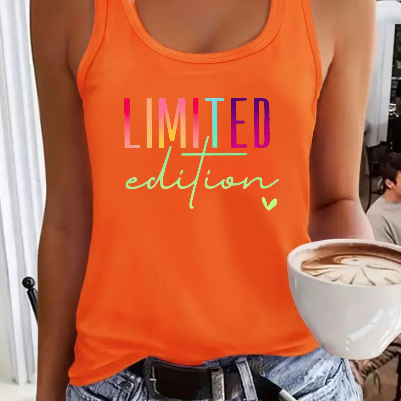 TEMU Damens Casual Edition Grafik-Tanktop - Lebhaftes Oranges Ärmelloses Shirt mit Buntem Schriftzug, Lockerer Sitz, Maschinenwaschbar,
