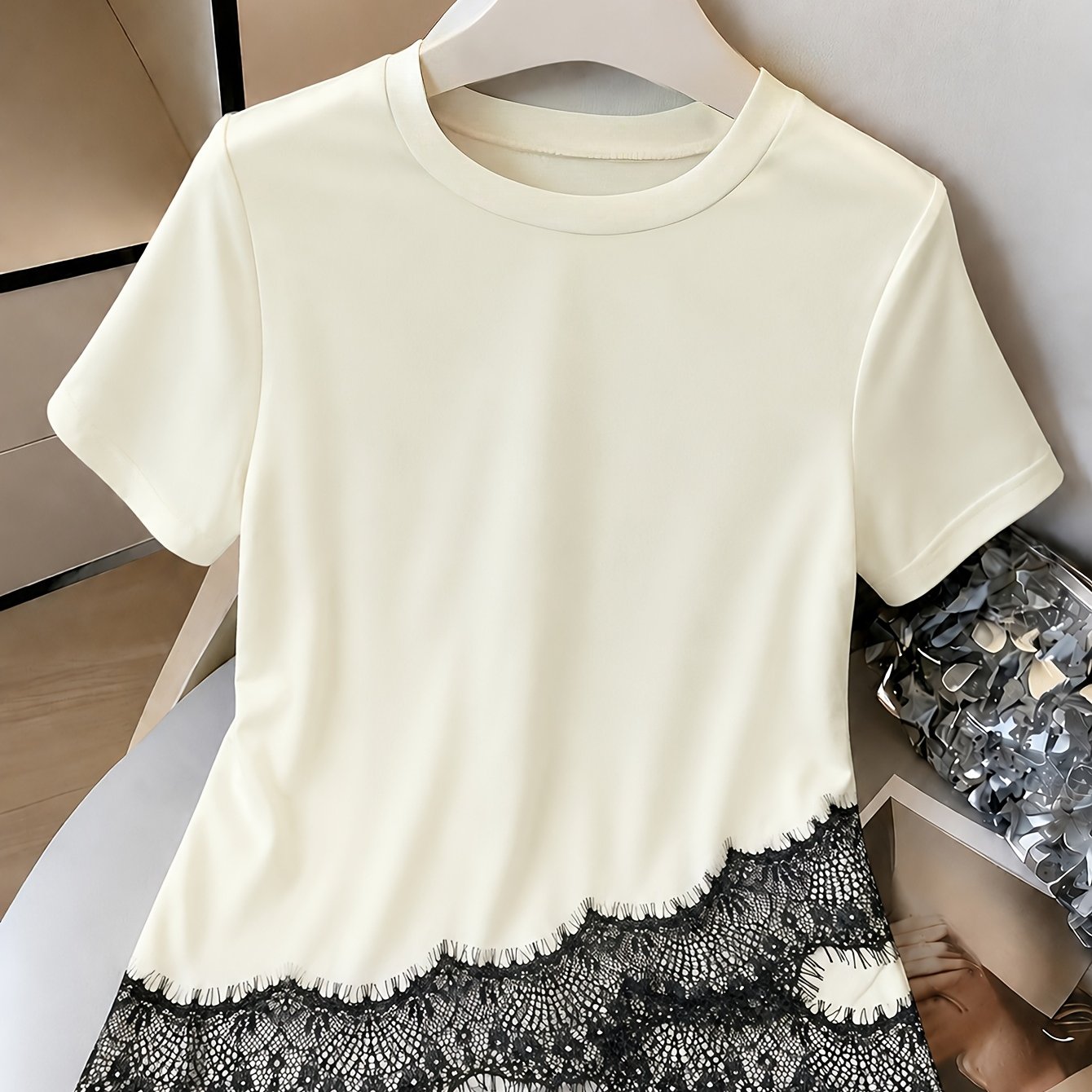 TEMU Solid Color Round Neck Short Sleeve T-shirt With Lace Hem