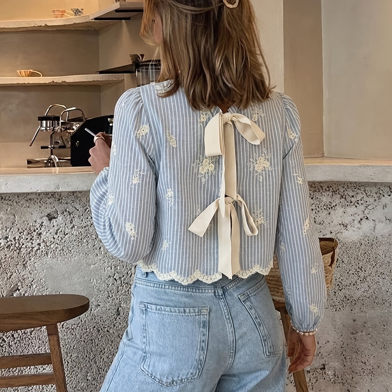 TEMU Haut à manches longues et col rond pour femme, tenue tendance, chemise à motif de broderie à rayures et à fleurs, blouse et , tenue de soirée