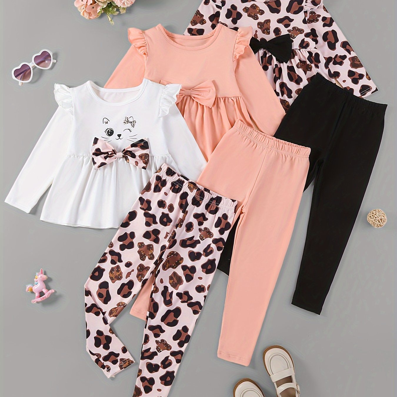 Autumn Girls Leopard Cat Bow Cute Long-sleeved Top Casual Pants 6pcs Set, For Outdoor