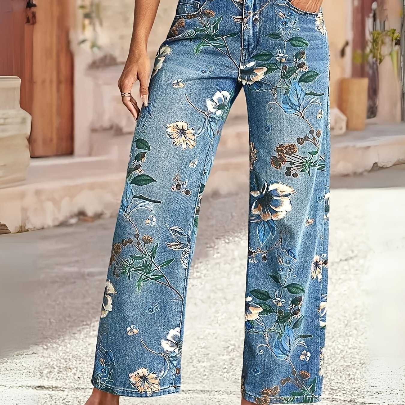 Image of Women's Bohemian Full- Floral Print Straight Leg Jeans - Mid-rise Beltless Pants With -, Pockets & Washed Suitable For - Wear, Machine Washable