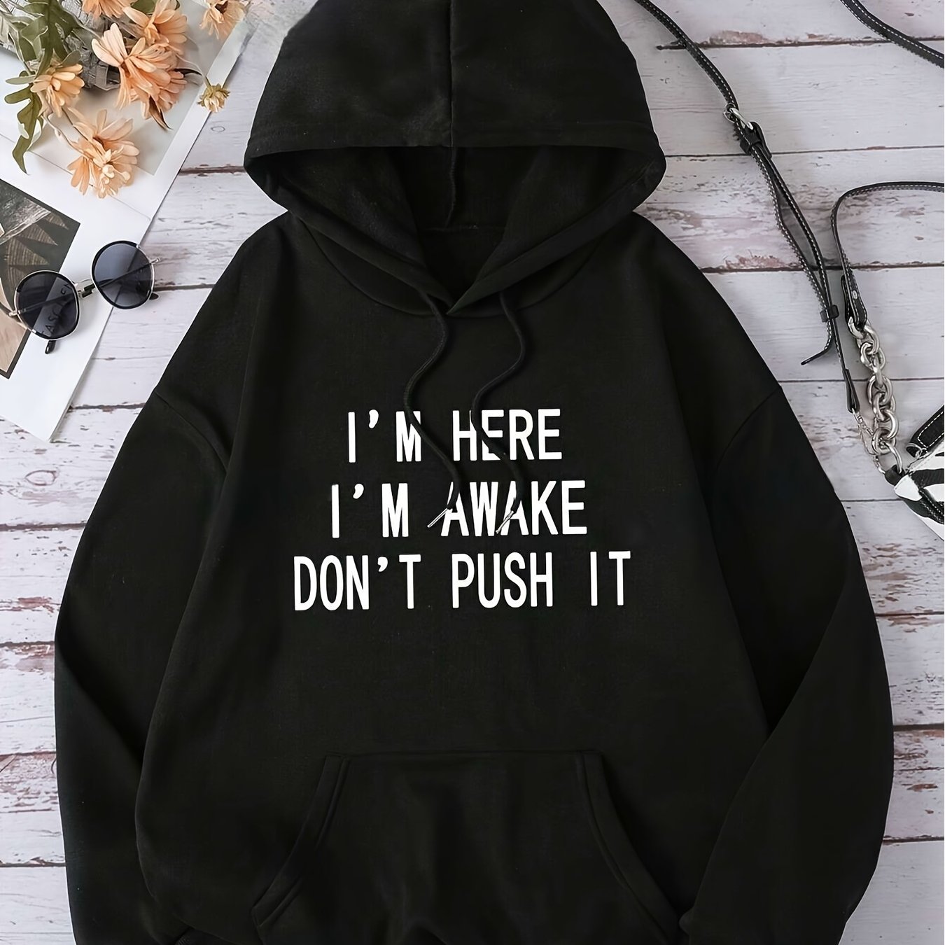 TEMU Women's Black Sweater With Tagline " I'm Awake Don't " And Kangaroo Pockets. Made From Soft Materials, This Loose Casual Sweater Is Perfect For
