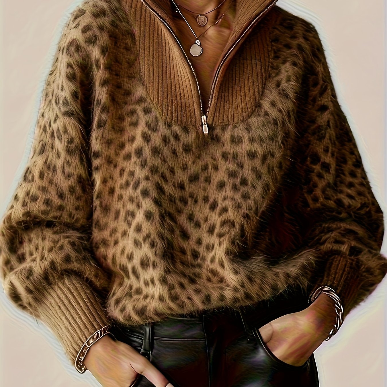 E-shop 2025 Herbst/Winter Neu Damen Casual Leopardenmuster Halb-Reißverschluss Revers Langarm Pullover ZLLZ