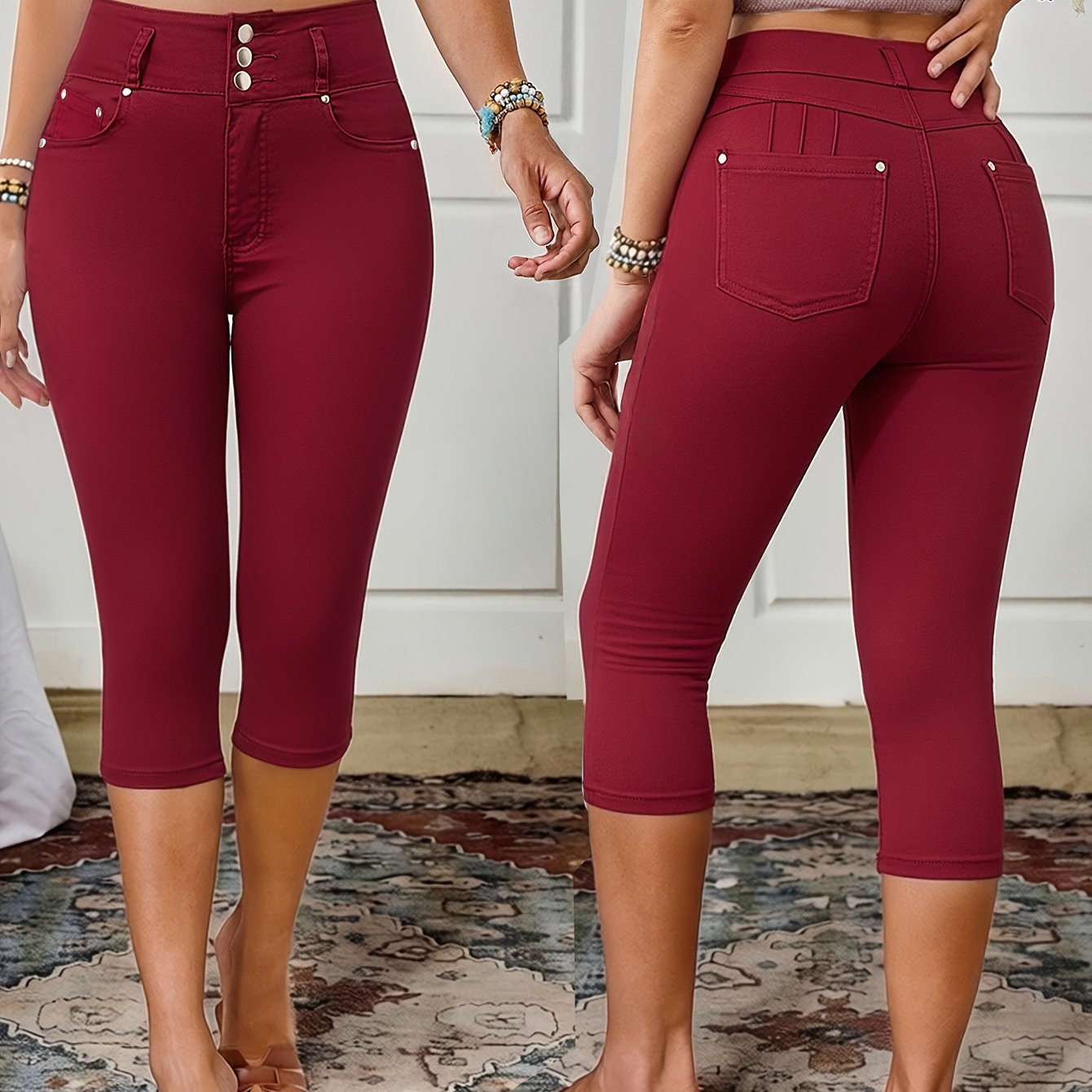 Image of 2026ss New 4-season Women' Burgundy Denim Capris High-waisted Skinny Fit Button Detail Metal Rivets 3d Pockets Elegant Retro Ideal For Office Dinner Dates Casual Us Sizes S-xxl Denim Jeans
