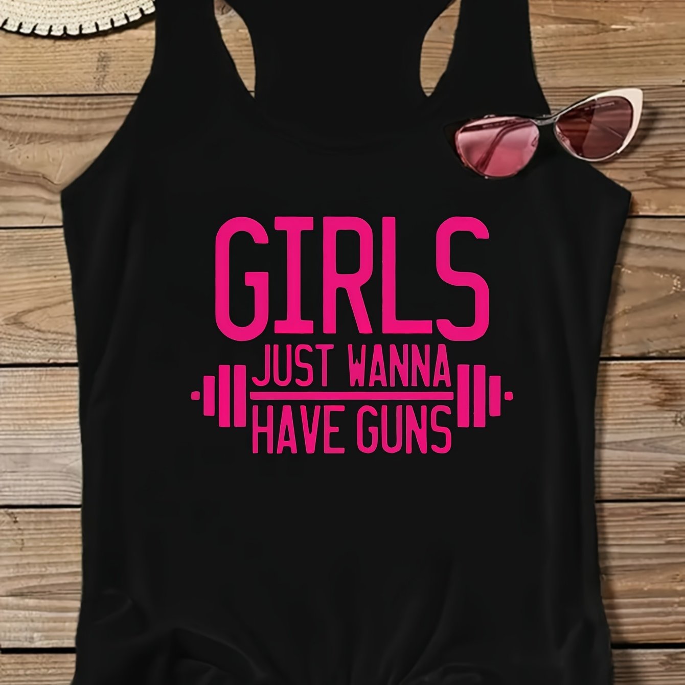 TEMU Series Have Guns Stylish Casual Printed Sleeveless Tank Top, Spring And Summer Round Neck Pullover, For Women, Stretch Sleeveless Top