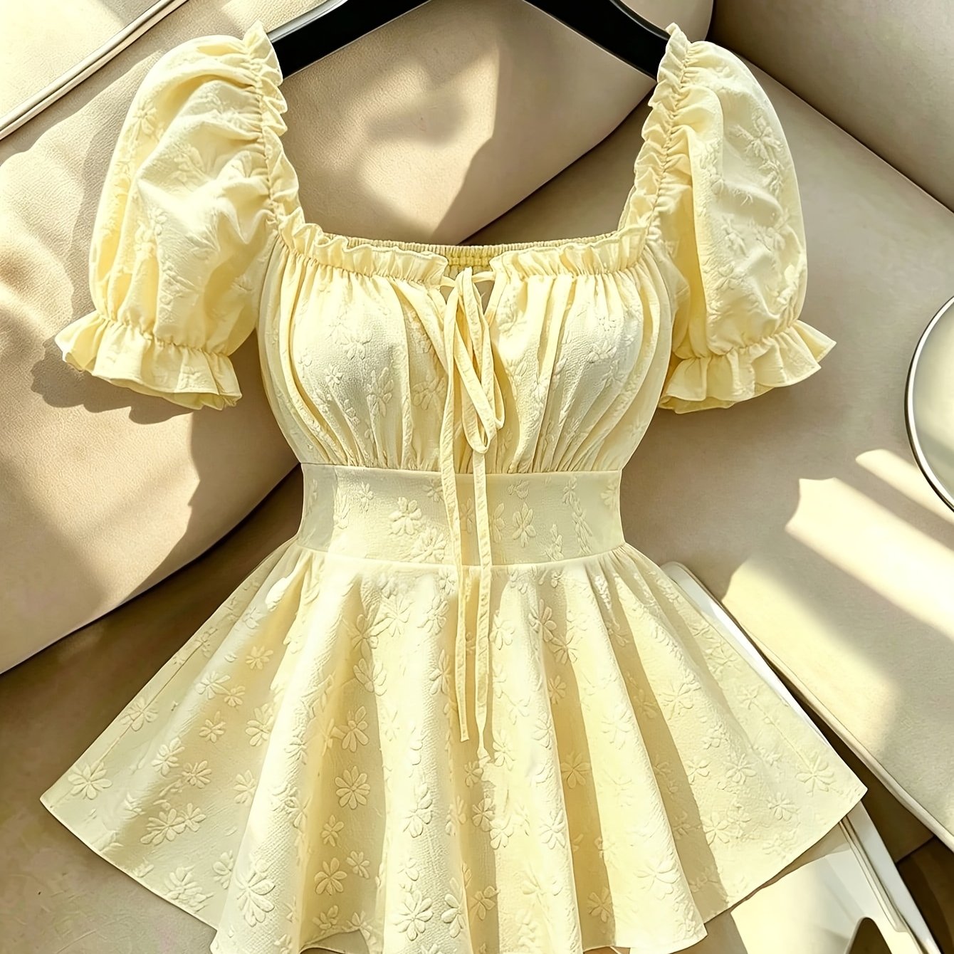 TEMU New Women's Fashionable And Elegant Light Yellow Short-sleeve Blouse, Featuring Neckline And Short Sleeves, With Tie Closure And A Cinched