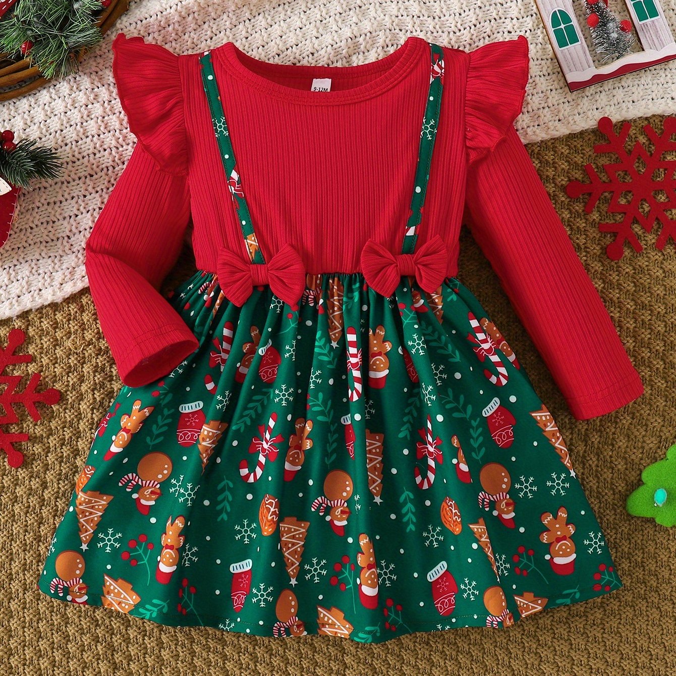 TEMU Spring And Autumn Style Dress For Baby Girls Featuring A Round Neck, Color-blocking, , Bow Decorations, And Flutter Sleeves, Designed As A Two-piece For Christmas