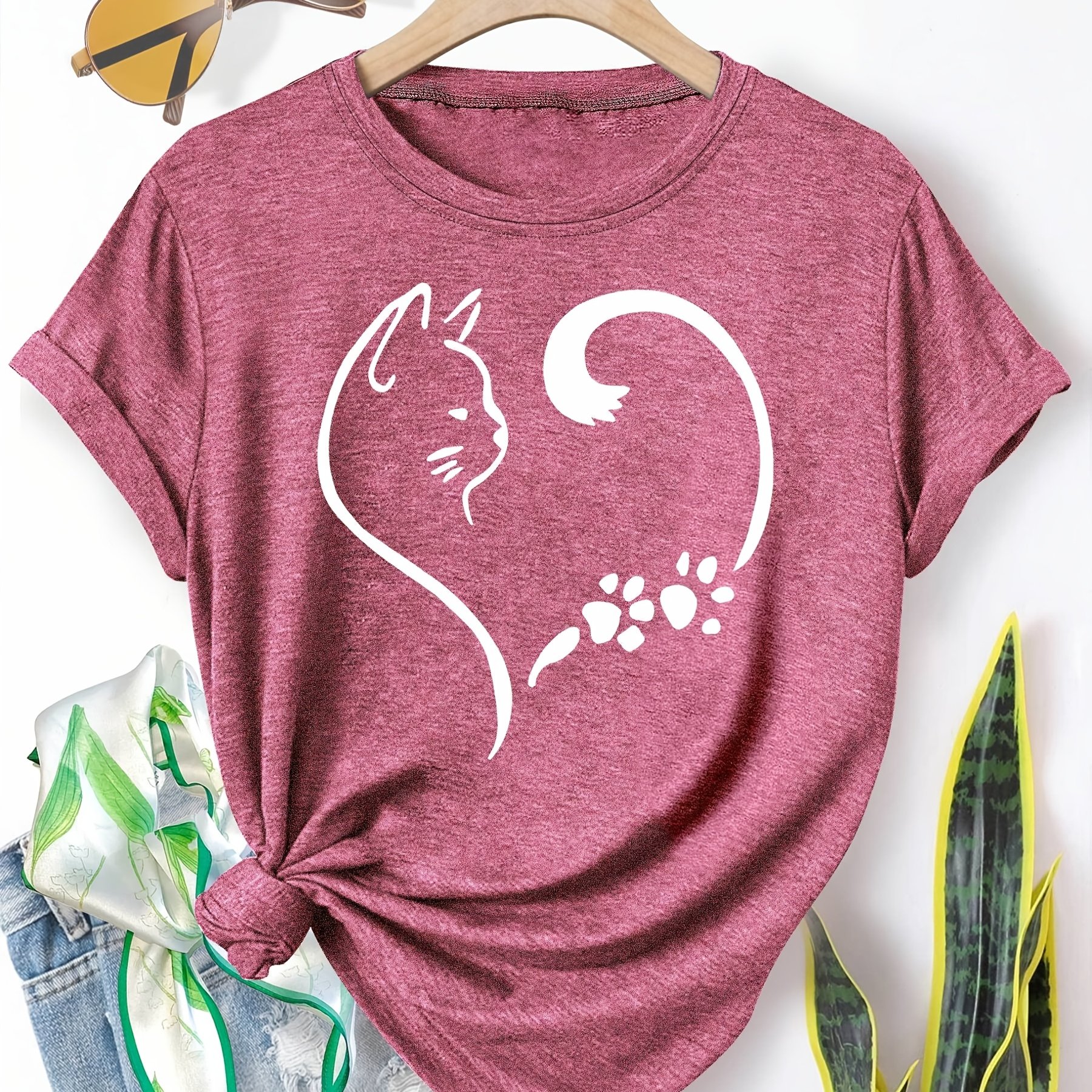 TEMU Women's Casual Cat Paw & Heart Print Retro T-shirt - Teal Short Sleeve Round Neck Top, Fabric, Machine Washable, Sizes S-xxl, Cat Tshirt,