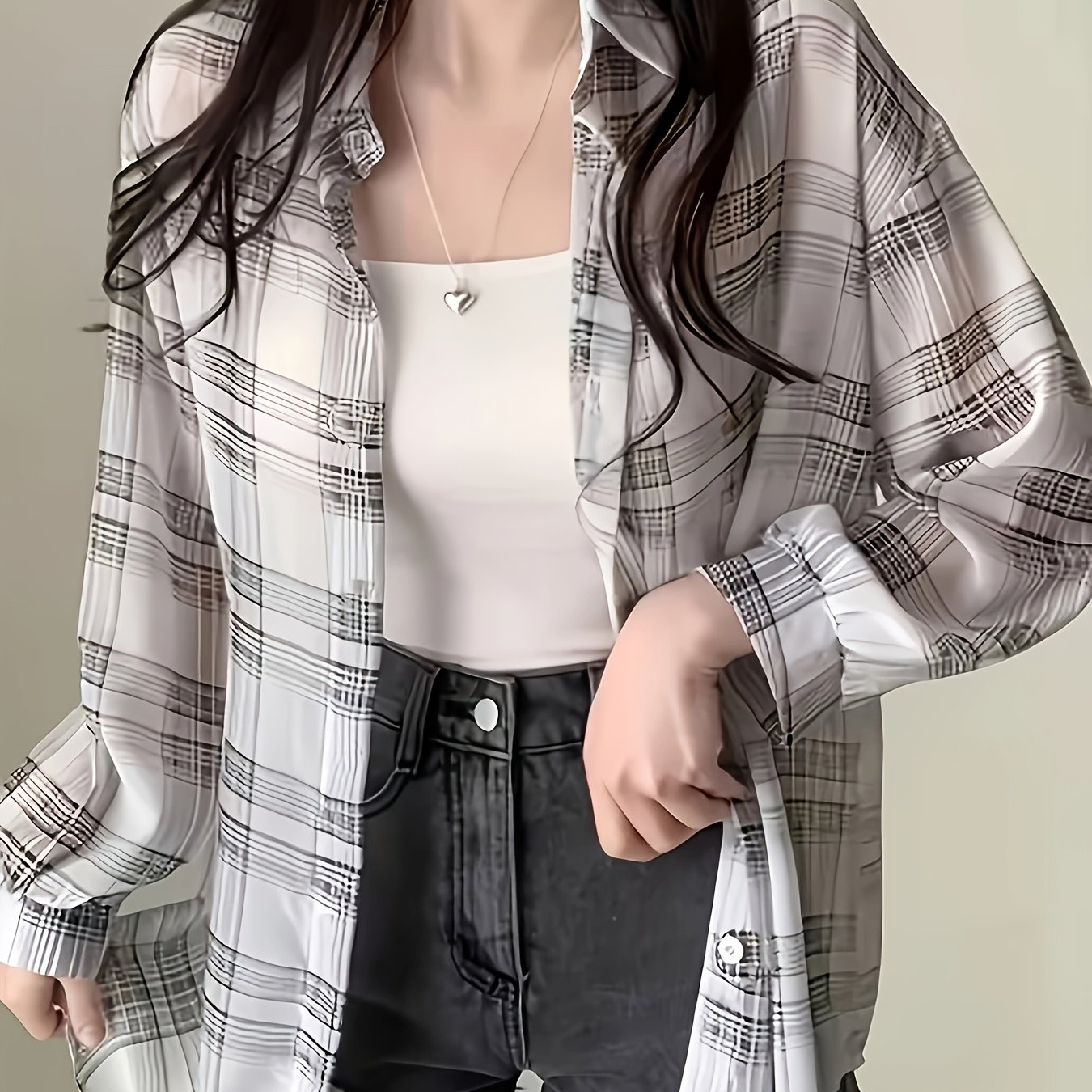 TEMU 여성용 체크 시폰 셔츠, 칼라 버튼 앞면 블라우스, 시원한 착용을 위한 세미시어, 커프스 소매, 포멀 루즈 캐주얼 셔츠, 세탁기 사용 가능