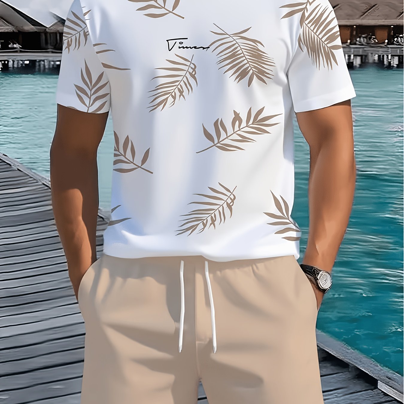 TEMU Men's Casual Short Sleeve Set, Men's Casual Sport Short Sleeve T-shirt   Shorts Set, Summer Cool Leaf Print Design, Men's Short Sleeve Shorts