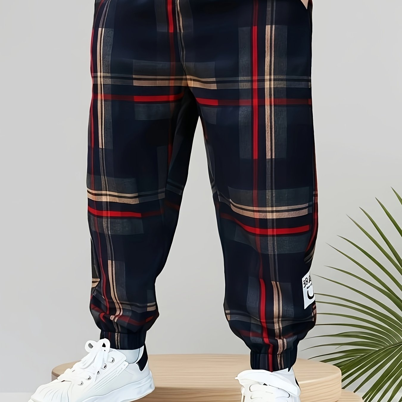 TEMU Pantalon de survêtement unisexe à carreaux, pantalon de sport extensible à taille haute avec poche latérale, convient aux enfants, style
