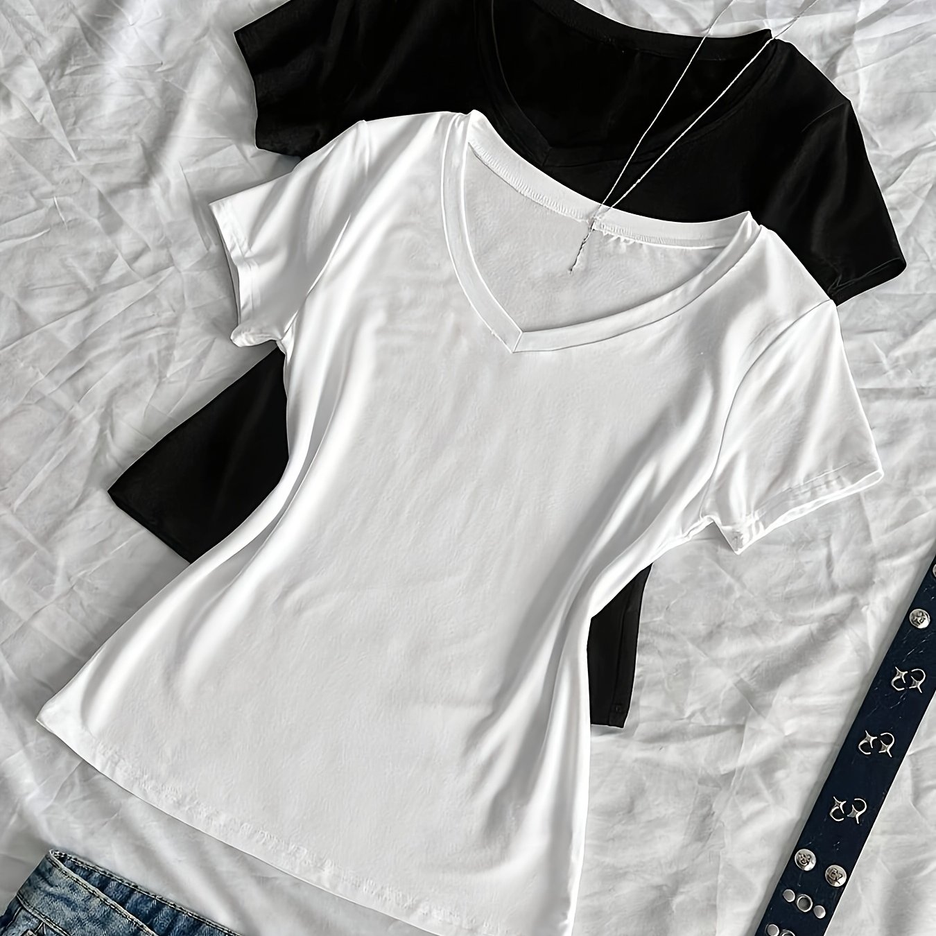 TEMU 2pcs Set Of Women's Summer V-neck Tight T-shirts, Solid Basic V-neck Short Sleeve Slim Fit T-shirts