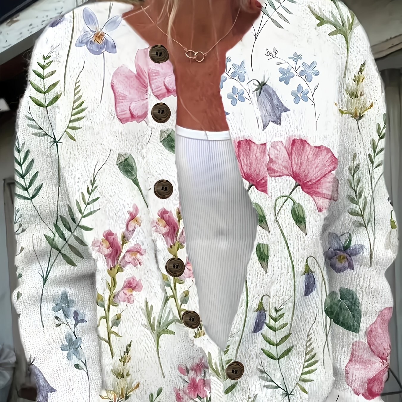 TEMU Plus Size - 2D Plat Herfst Winter Mode Nieuwe Chic Veelzijdige Ronde Hals Lange Mouw Vest Dames Top Bloemenpatroon Vlakke Digitale Print Trendy