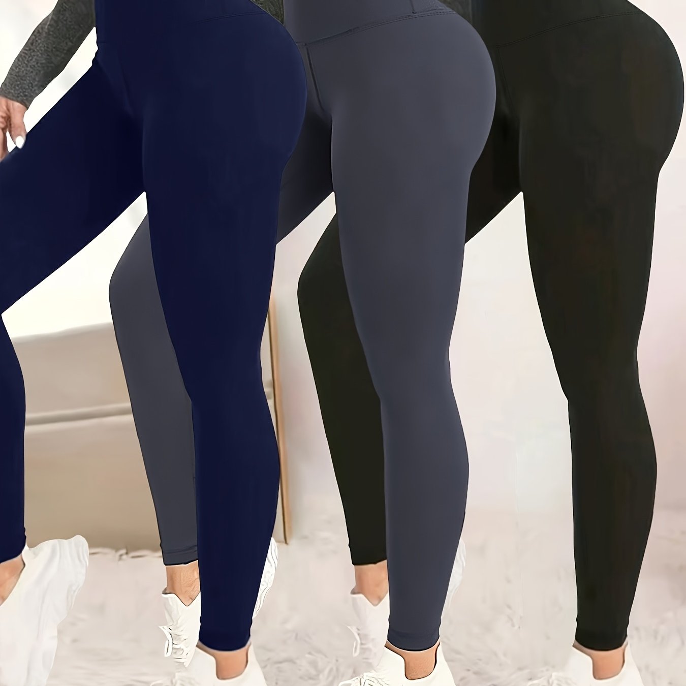 TEMU 3pcs Set - Women's High-waist Solid Color Casual Compression Leggings With English Letter Embellishment At The Waistband, Daily Stretchy Sports
