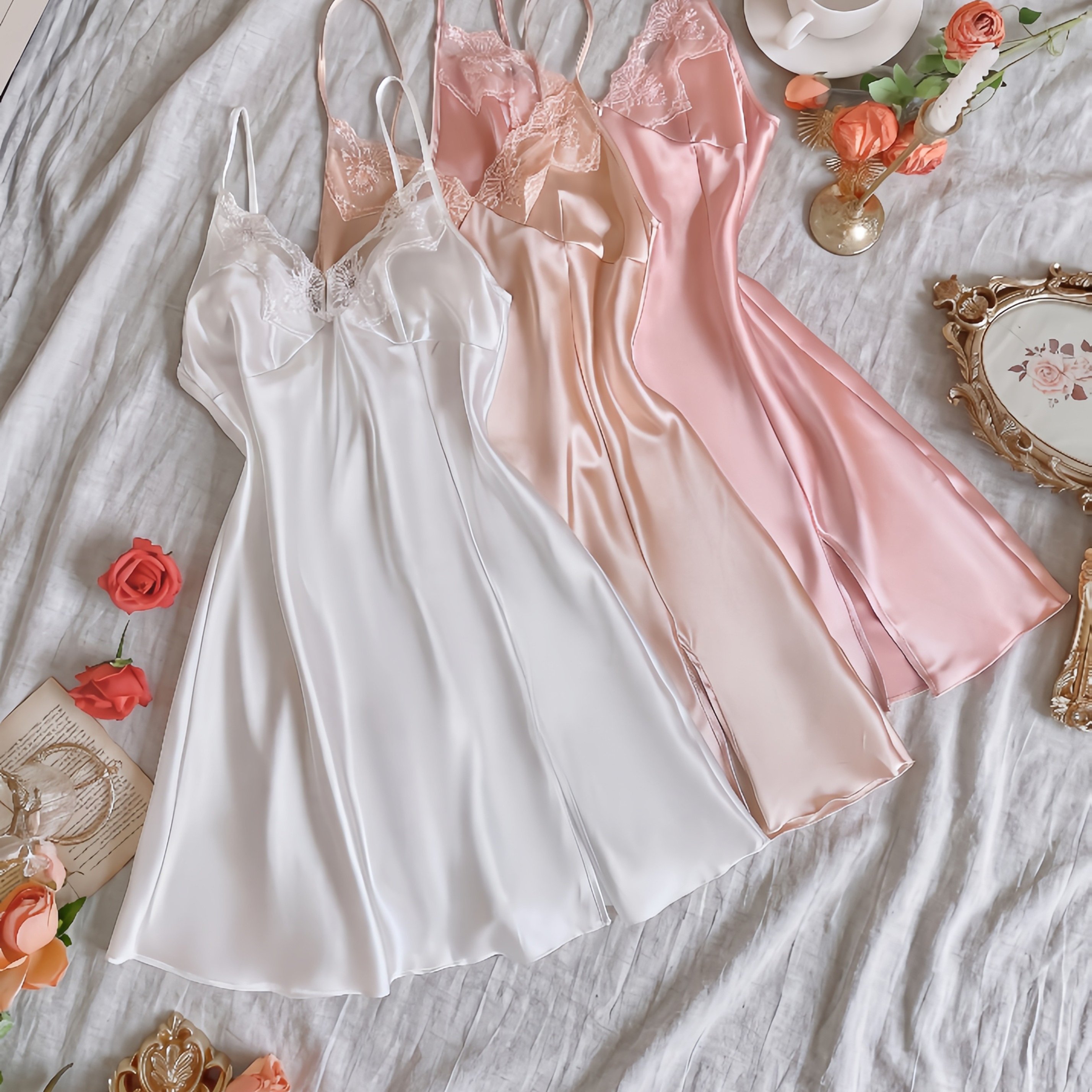Image of 3pcs Stylish Women's Embroidered Lace Sexy Nightgown Set In 3 Color Combinations
