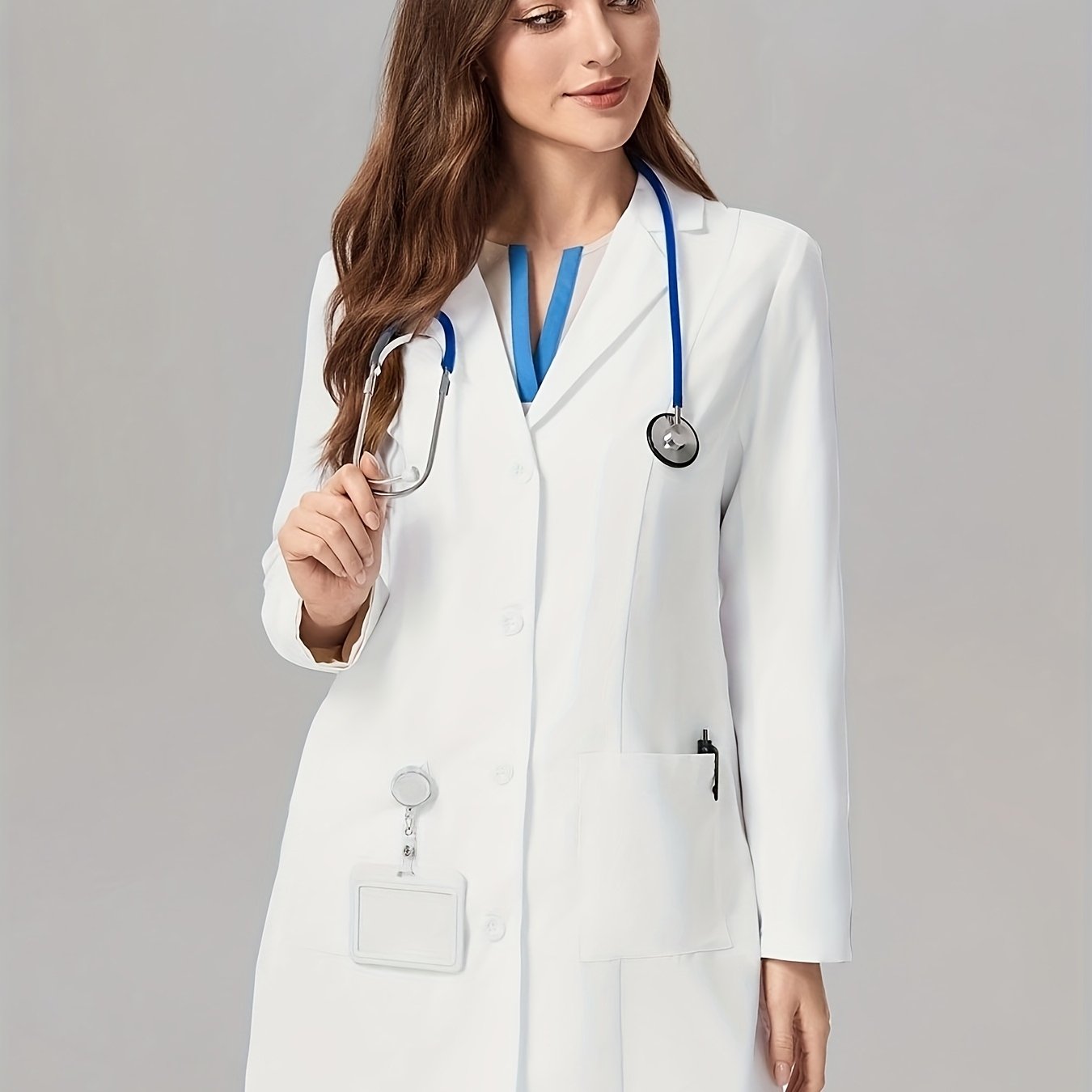 TEMU Women's V-neck Long Sleeved Double Pocket Long White Coat Nurse/doctor Work Uniform Autumn/winter Women's Coat