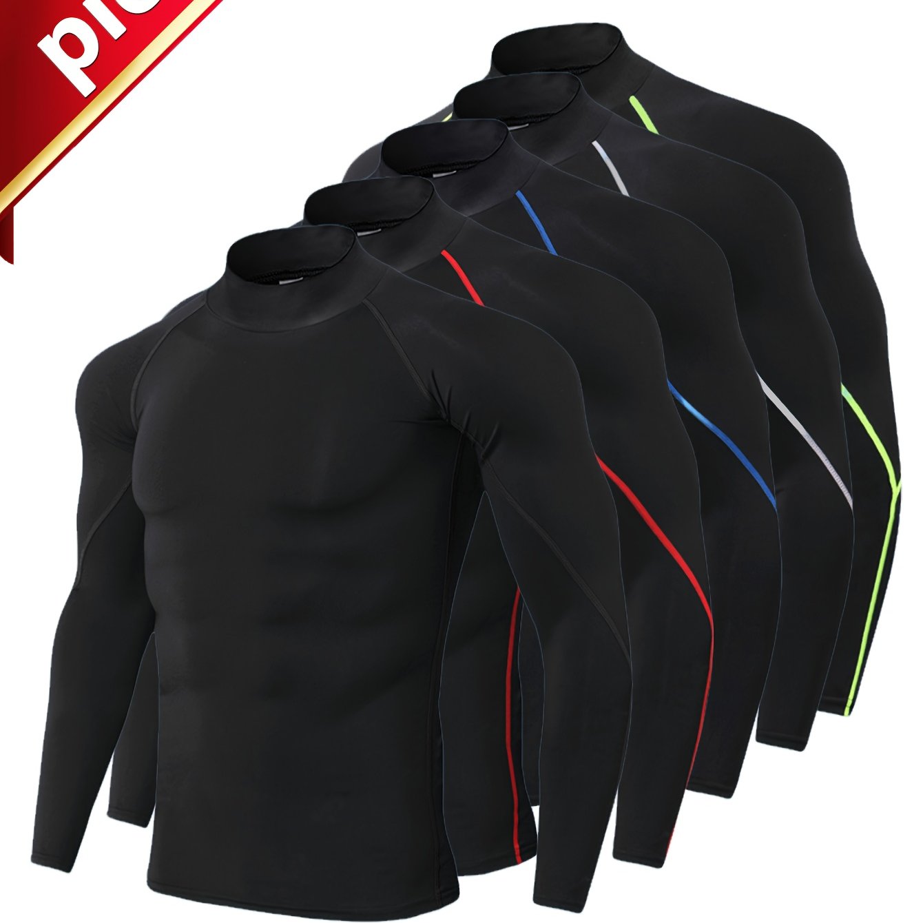 TEMU 5 Breathable Fast Drying Men's Compression Long Sleeved Sportswear - High Stretch Round Neck Top, Suitable For Running, Basketball, Gym And